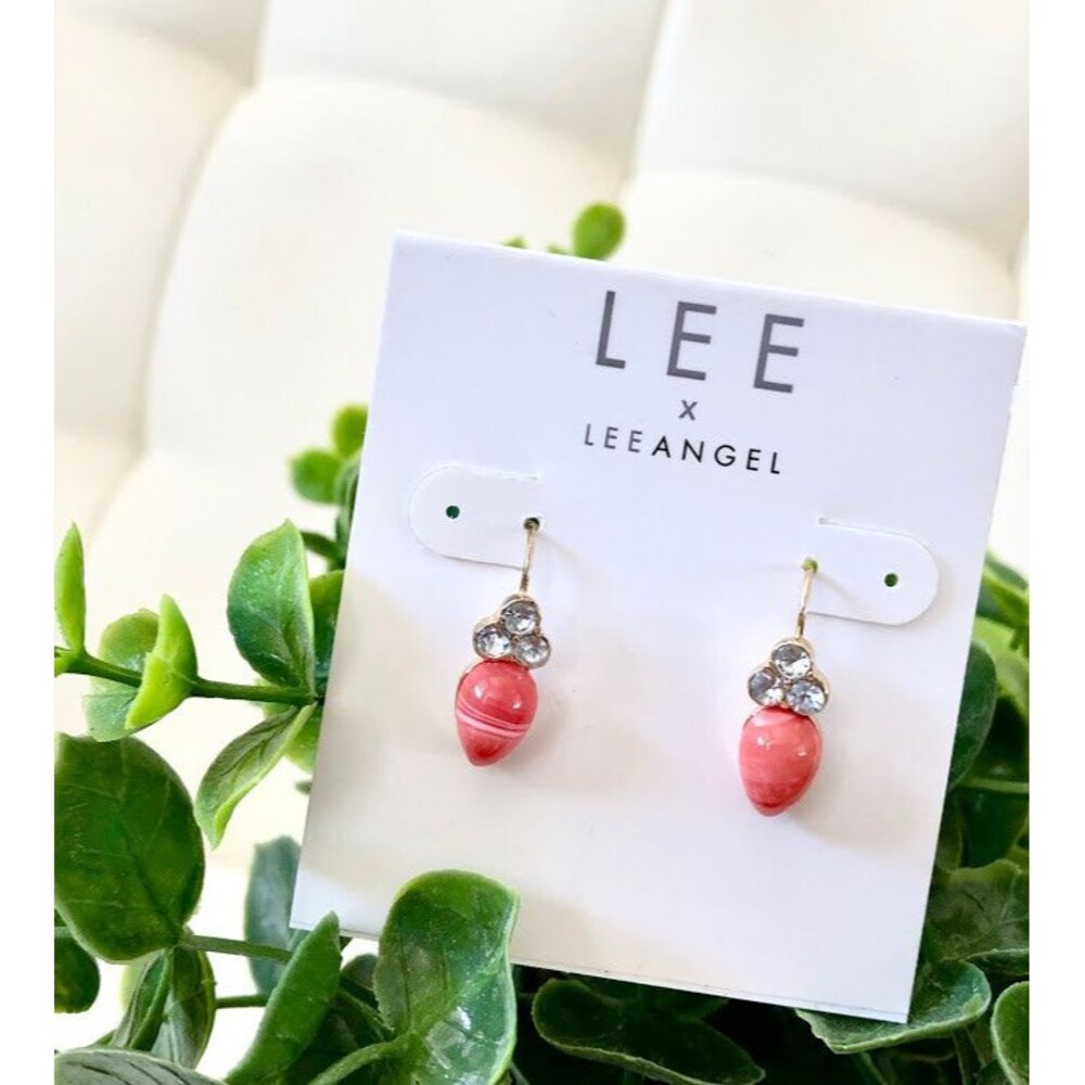 Lee By Lee Angel Pink Swirl Cabochon Teardrop Crystal Earrings NWT $75 Coral